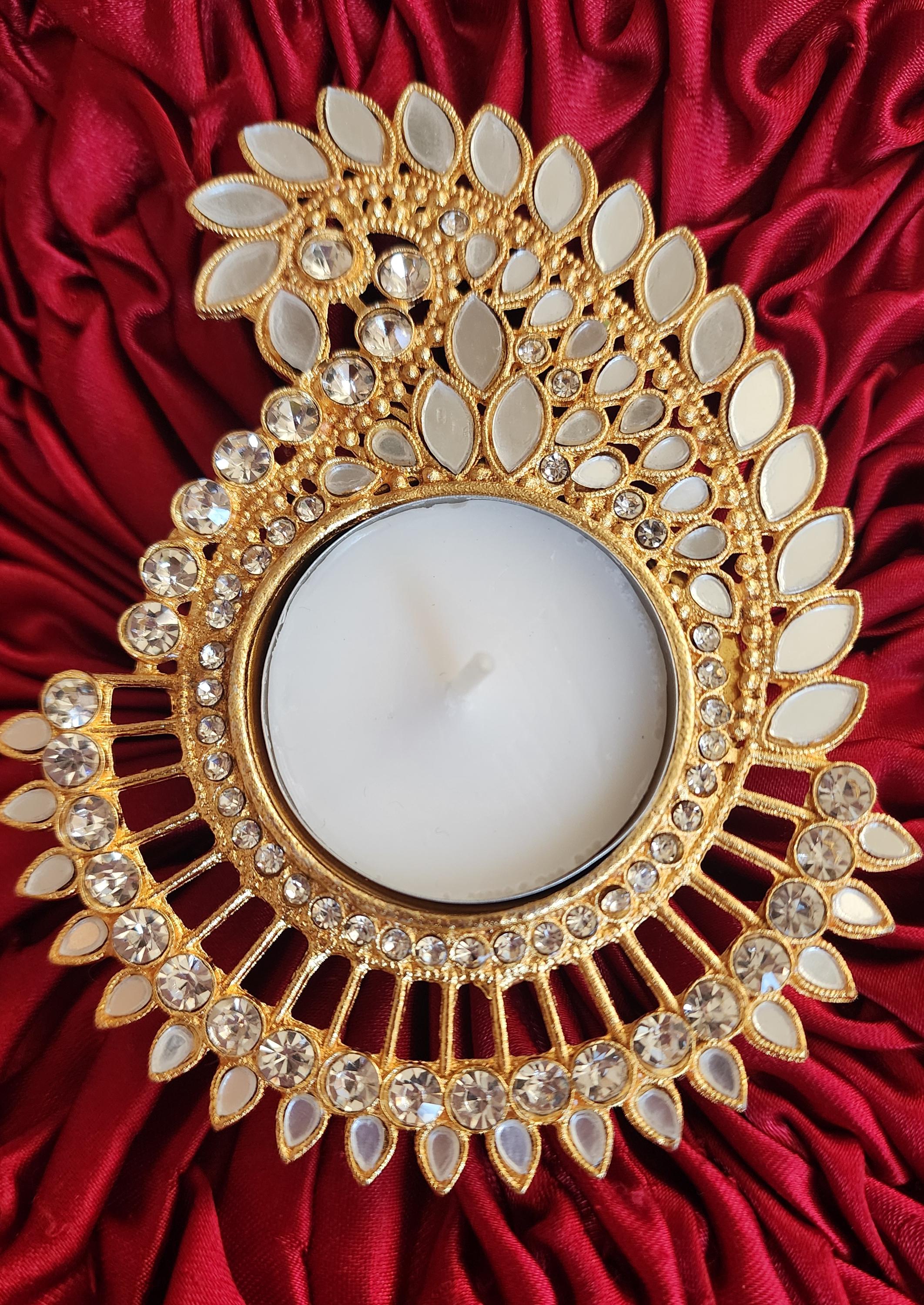 Decorative Handmade Tea Light Holder: Golden Diwali Pooja Candle Holder.