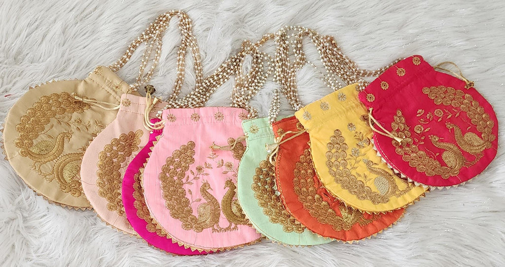 Embroidered Silk Peacock Print Potli Bag: Indian Wedding Favor, Henna Party Gift