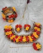 Floral Haldi Mehandi Jewelry Set: Necklace, Earrings, Maang Tikka & Hand Gajra