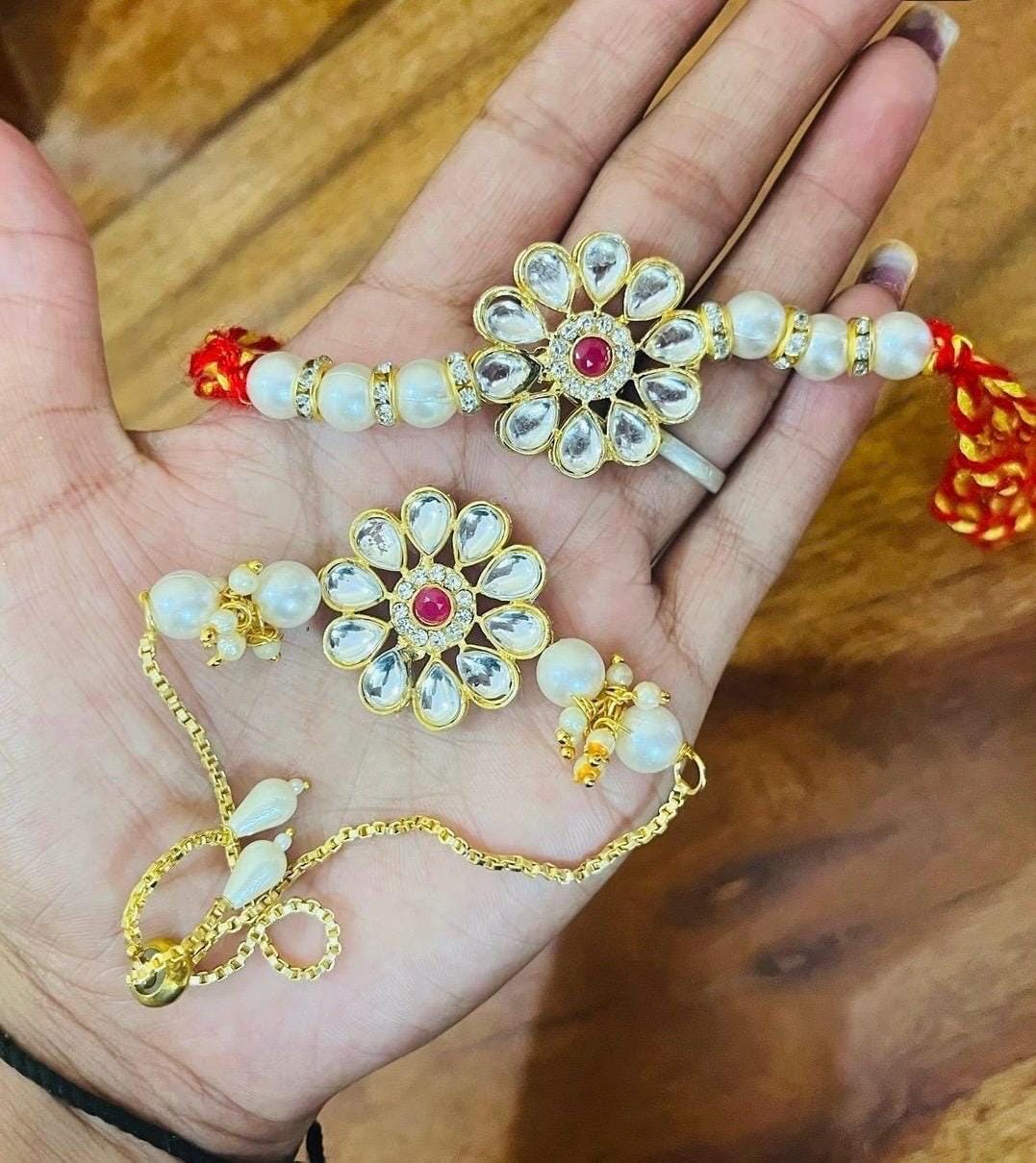 Handmade Kundan Rakhi Set: Pearl Chain Couple Rakhi with Roli Chawal