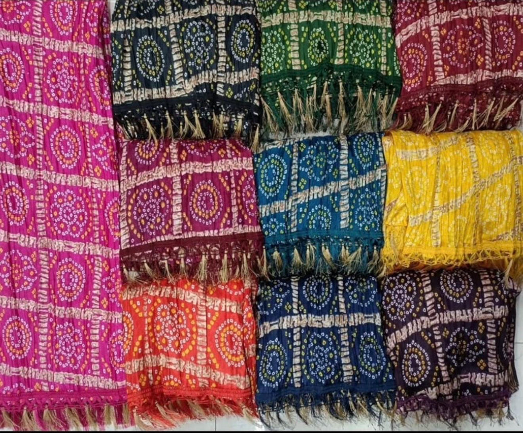 Bandhani Art Silk Dupatta: Rajasthani Multi-Colored Scarf with Tassels