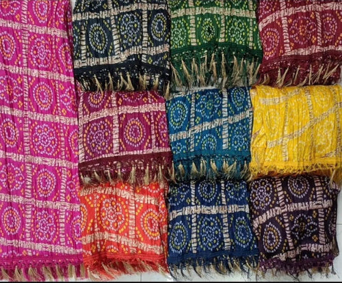 Bandhani Art Silk Dupatta: Rajasthani Multi-Colored Scarf with Tassels