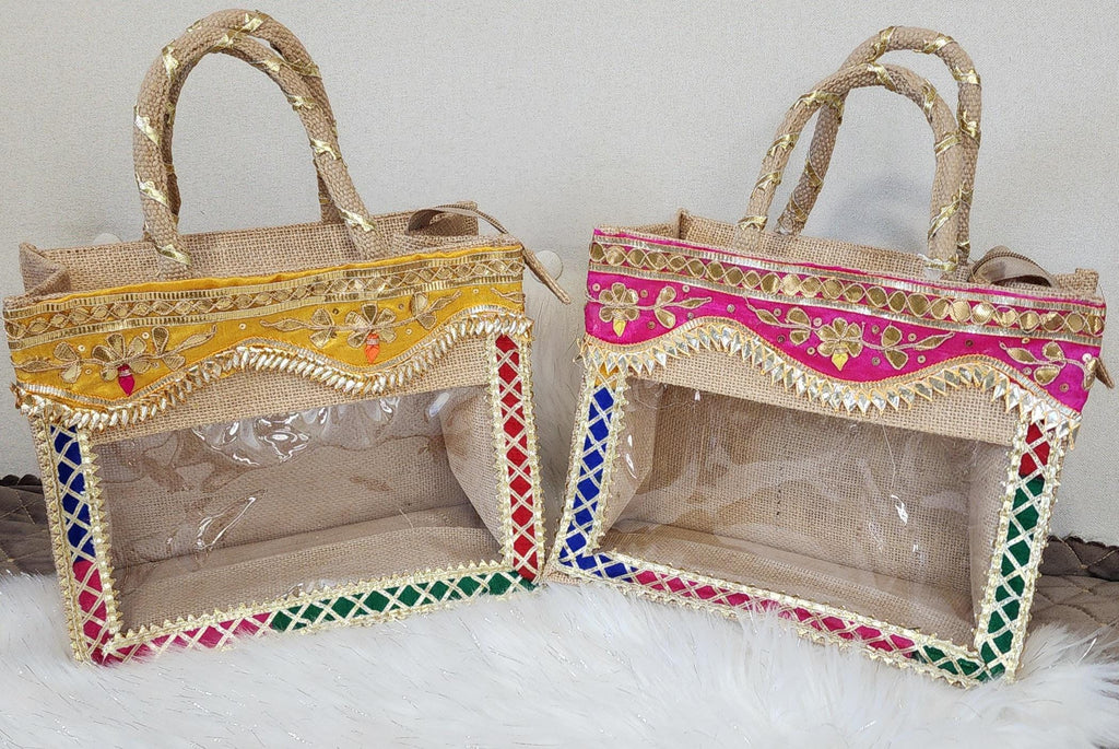 Gota Patti Handcrafted Gift Bag: Transparent Pooja Favor Bag.