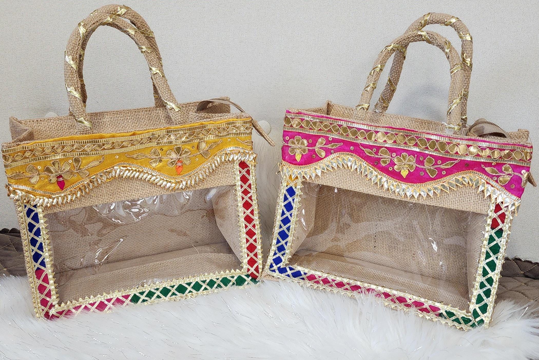 Gota Patti Handcrafted Gift Bag: Transparent Pooja Favor Bag.