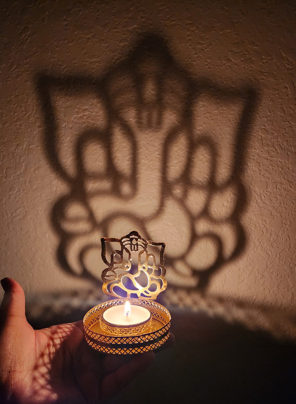 Gold Metal Shadow Diya Set: Ganesh & Lakshmi Indian Candle Holders
