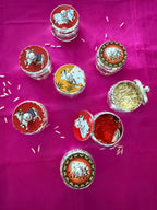 Handcrafted Enamel Haldi Kumkum Dibbi: German Silver Pichwai, Wedding Favor.