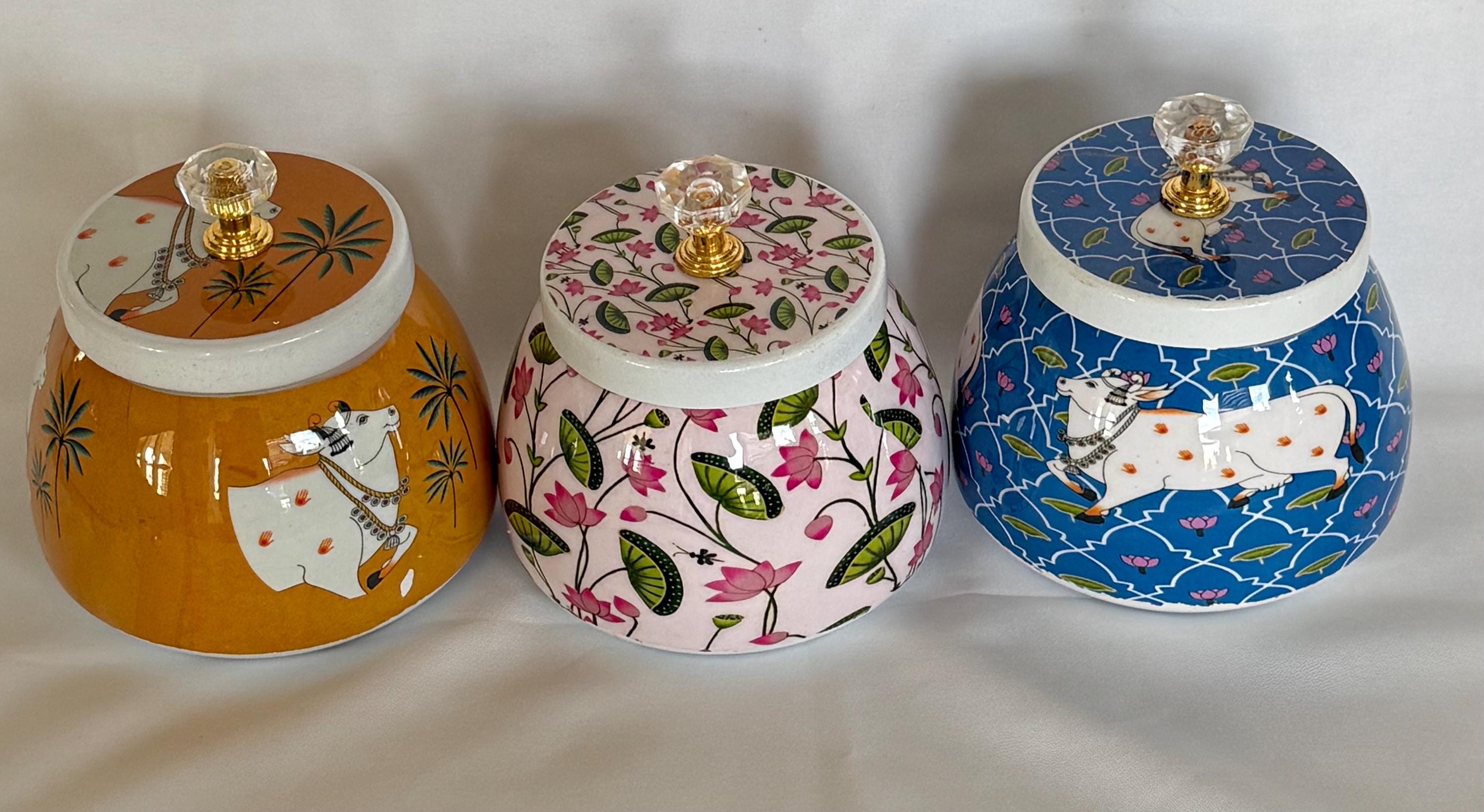 Pichwai Art Jar: Nandi Cow & Peacock Design, Copper Home Decor.