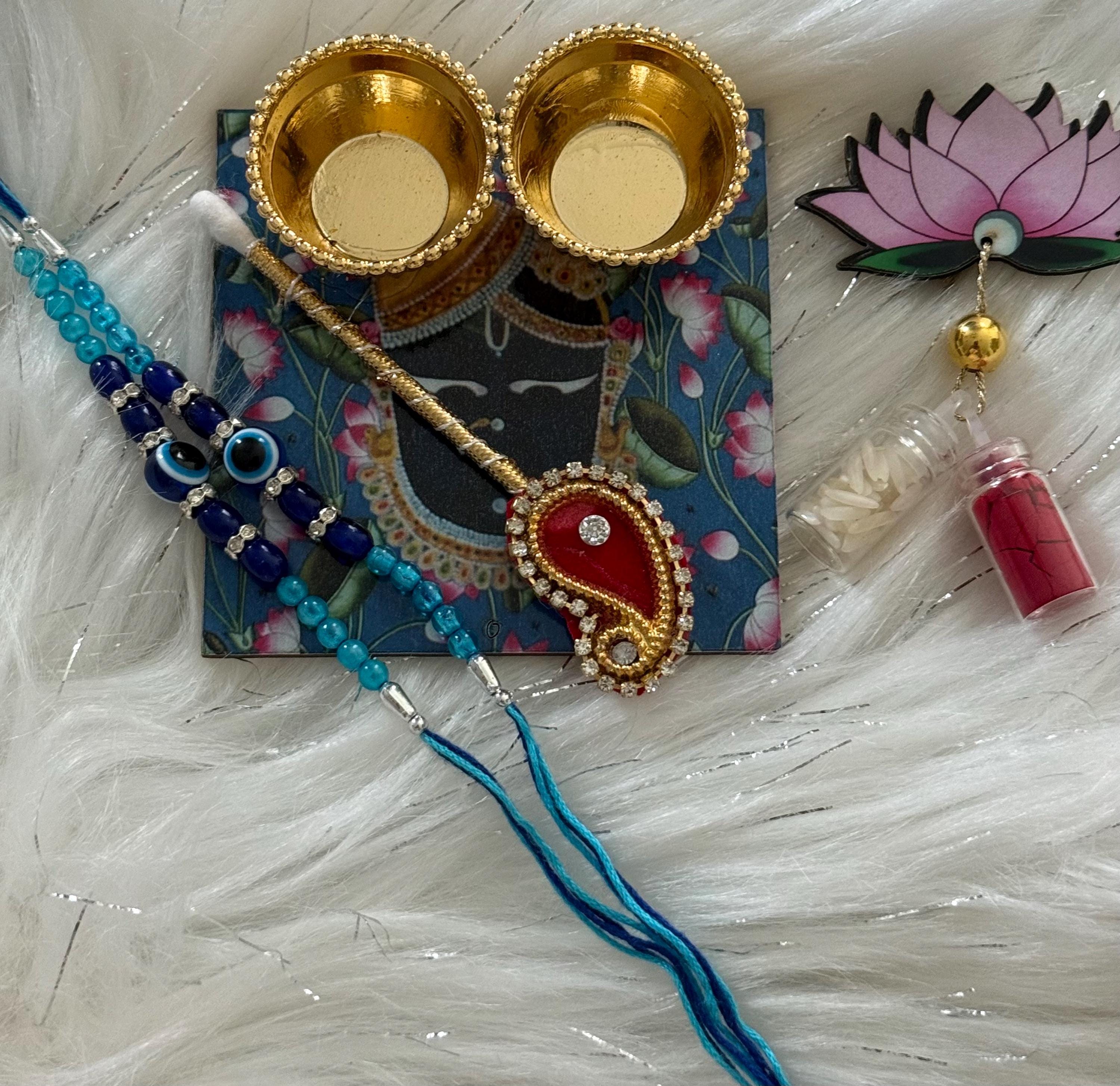 Handmade Rakhi Combo Set: Evil Eye Rakhi, Haldi Kumkum Plate