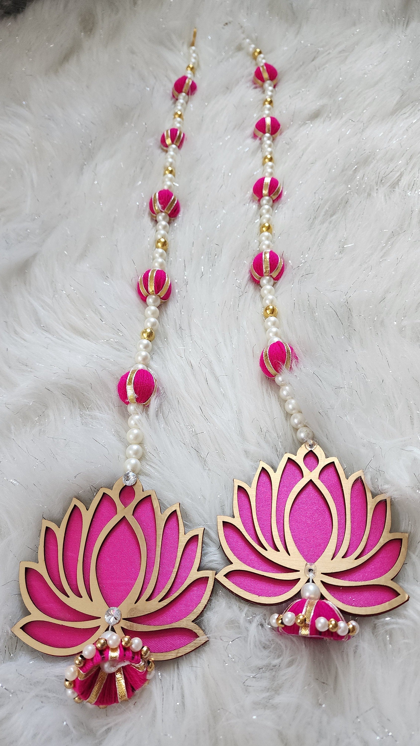 Pink Lotus Garland with Pearls Handmade Indian Wedding Hanging Mala - 24/30 inch