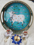 Pichwai Art Metal Tray Set: Nandi Cow Design, Diwali Decor.