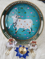 Pichwai Art Metal Tray Set: Nandi Cow Design, Diwali Decor.