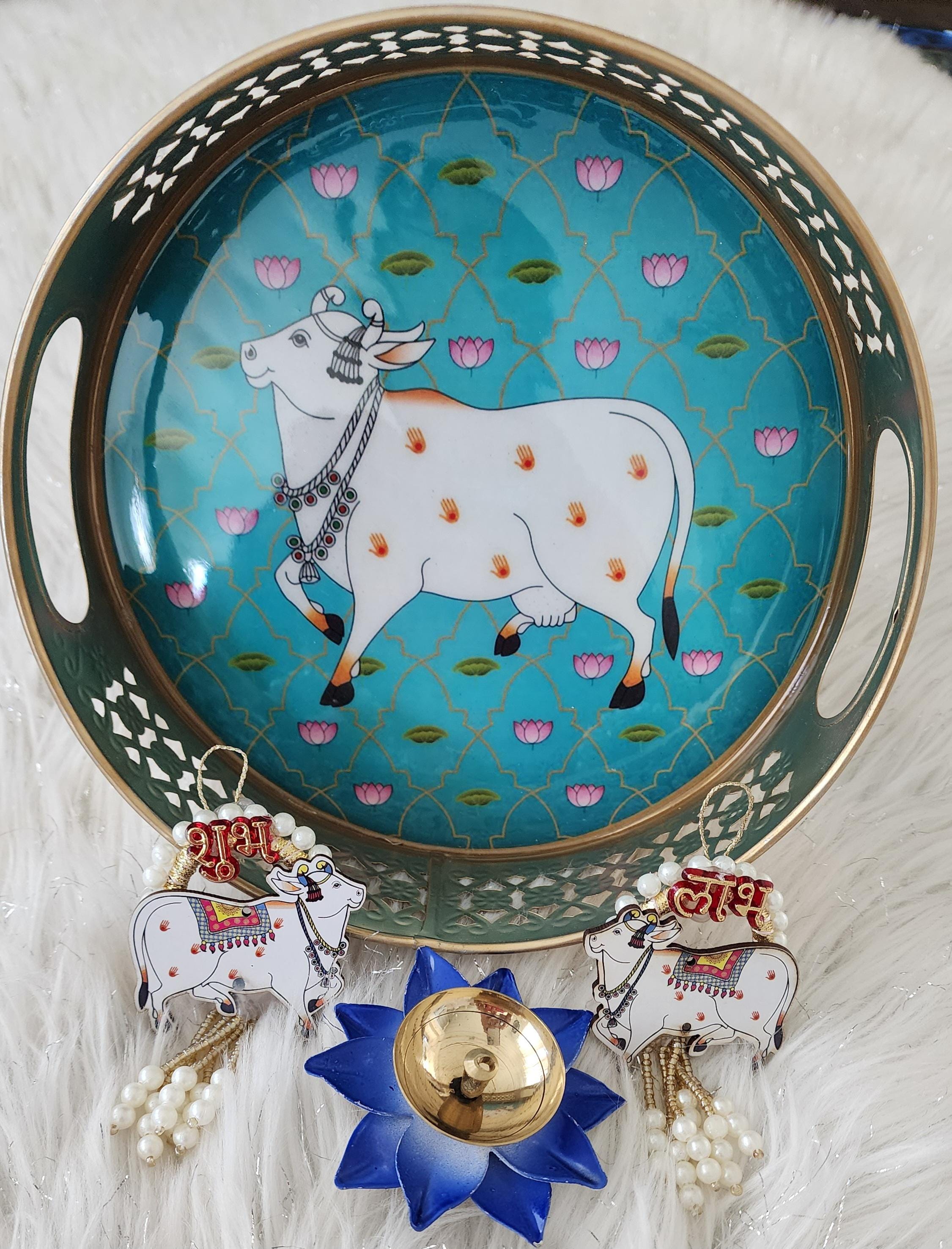 Pichwai Art Metal Tray Set: Nandi Cow Design, Diwali Decor.