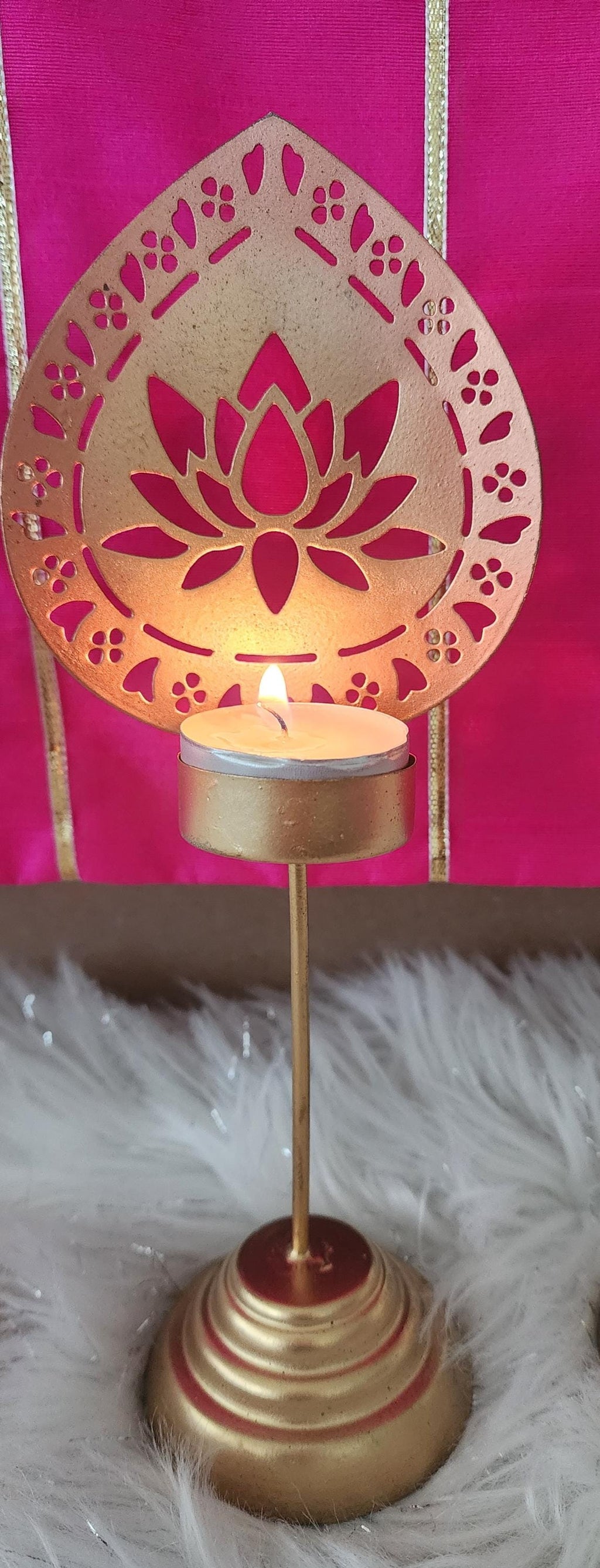 Handmade Metallic Urli Diya with Stand: Lotus/Om Diwali Decor - 10 inch