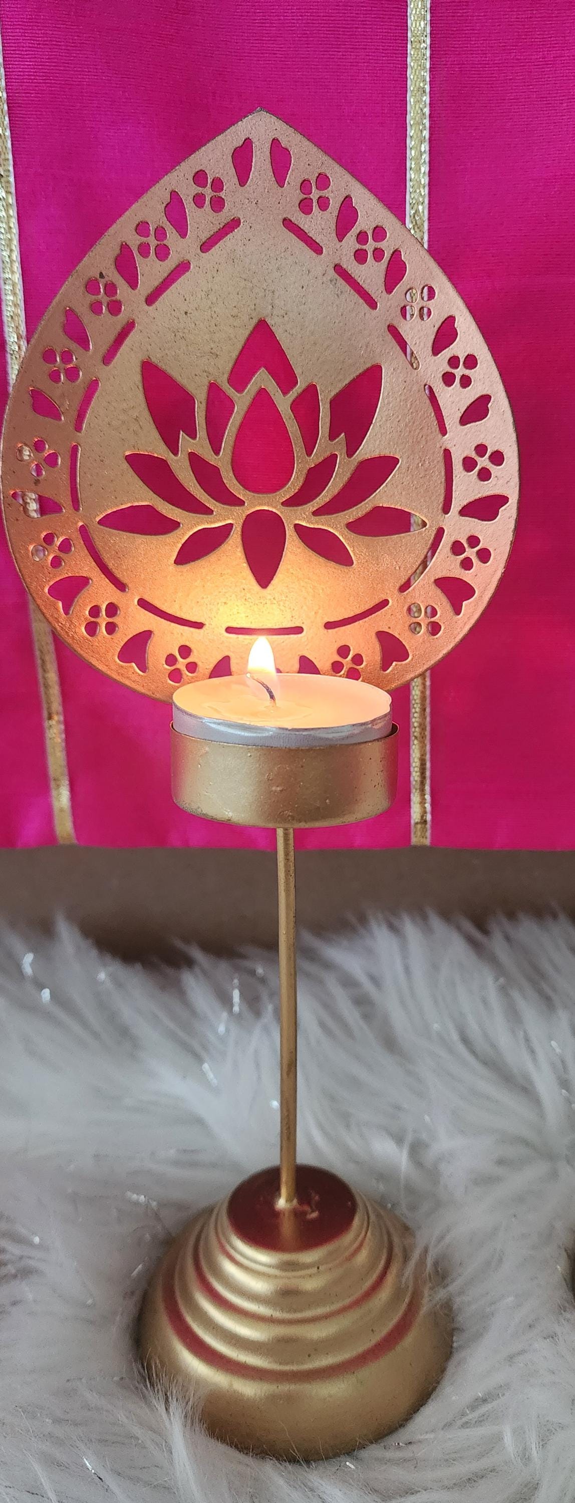 Handmade Metallic Urli Diya with Stand: Lotus/Om Diwali Decor - 10 inch