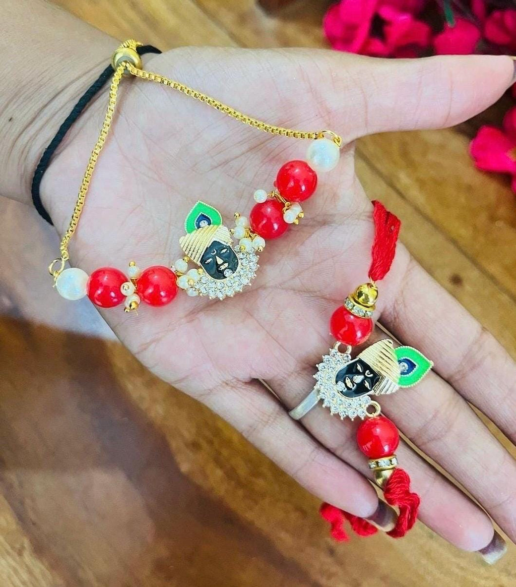 Handmade Kundan Rakhi Set: Pearl Chain Couple Rakhsha Bandhan