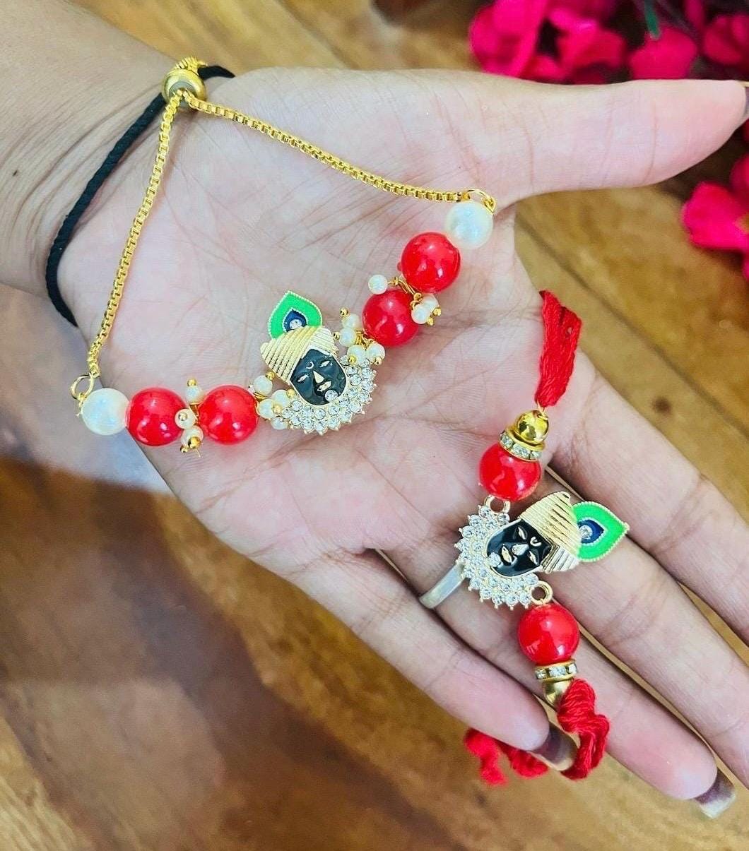 Handmade Kundan Rakhi Set: Pearl Chain Couple Rakhsha Bandhan