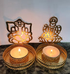 Gold Metal Shadow Diya Set: Ganesh & Lakshmi Indian Candle Holders