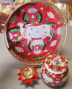 Pichwai Art Metal Tray Set: Nandi Cow Design, Jar & Diya
