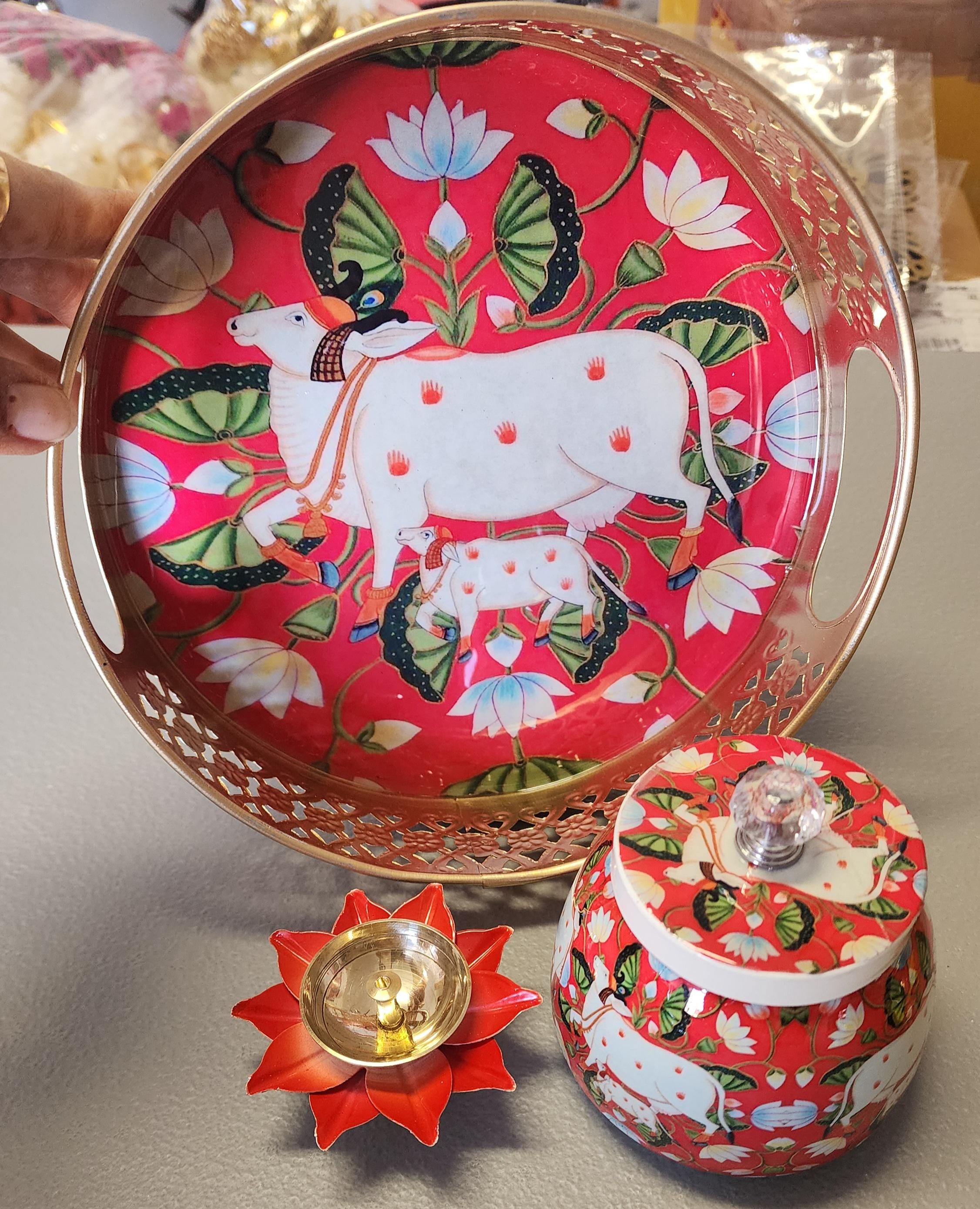 Pichwai Art Metal Tray Set: Nandi Cow Design, Jar & Diya