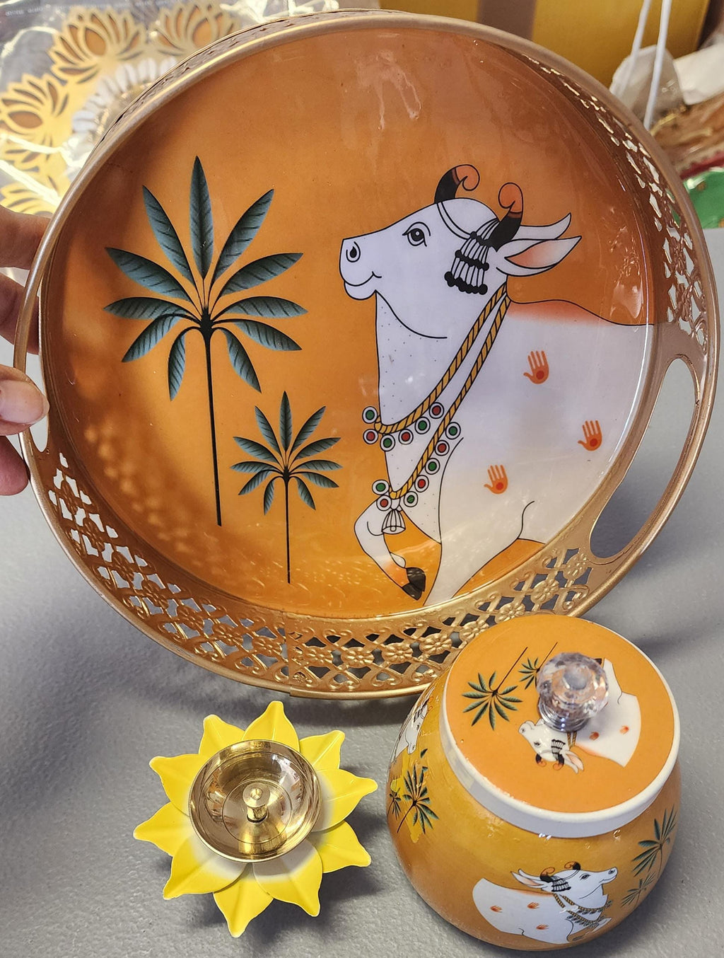 Pichwai Art Metal Tray Set: Nandi Cow Design, Jar & Diya