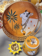 Pichwai Art Metal Tray Set: Nandi Cow Design, Jar & Diya