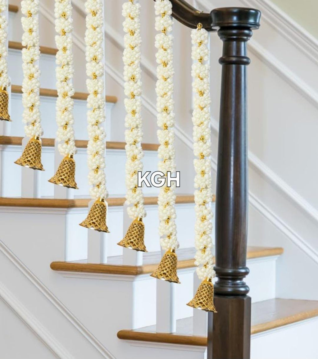 Mogra Bell Garland: White & Gold Artificial Flower String - Diwali Wedding Decor