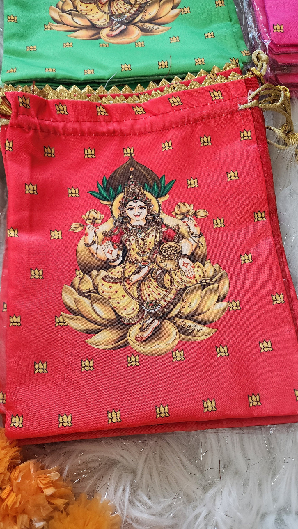 Lakshmi Print Silk Potli Bags - Hindu Wedding Favor Bags.