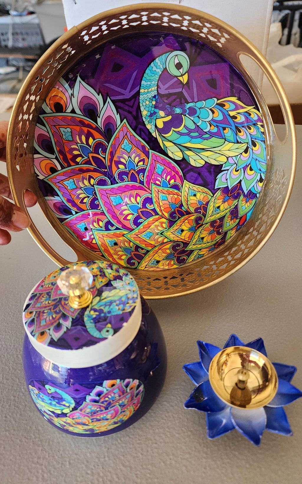 Pichwai Art Metal Tray Set: Nandi Cow Design, Jar & Diya