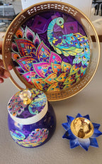 Pichwai Art Metal Tray Set: Nandi Cow Design, Jar & Diya