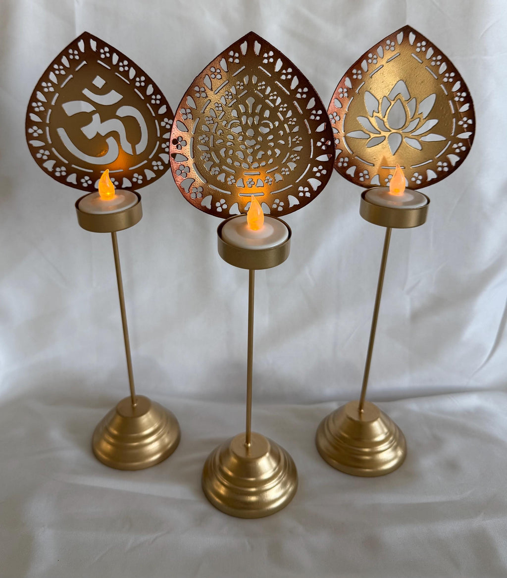 Handmade Metallic Urli Diya with Stand: Lotus/Om Diwali Decor - 12 inch