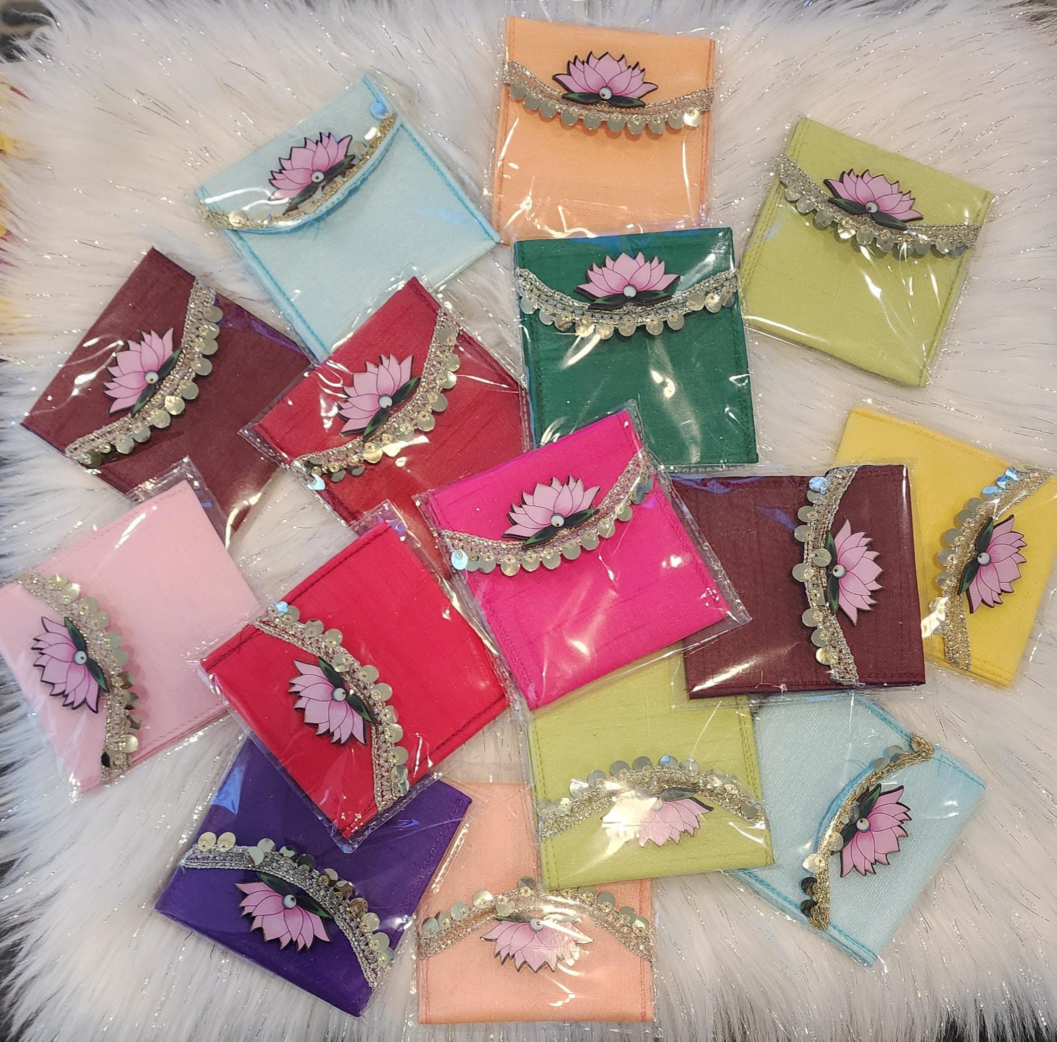 Set of 5 Handcrafted Lotus Pouches: Colorful Diwali Wedding Favors.