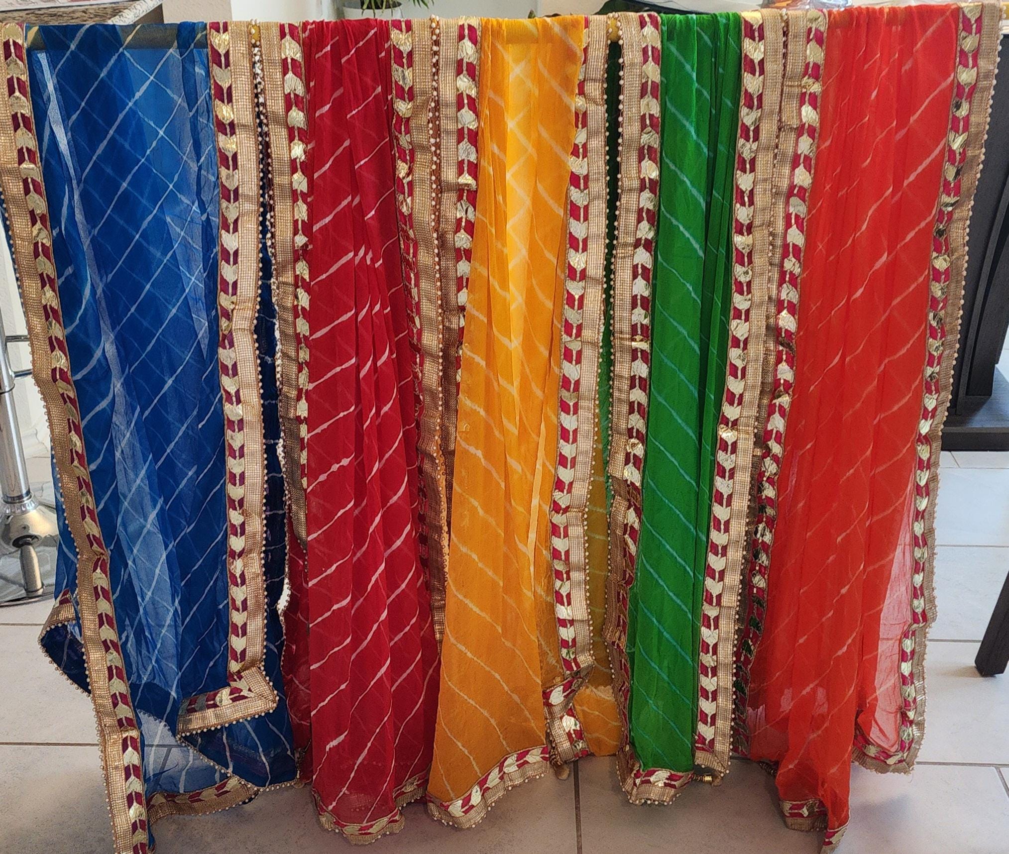 Bandhej Art Silk Dupatta: Rajasthani Gota Work, Latkan Wedding Favor.