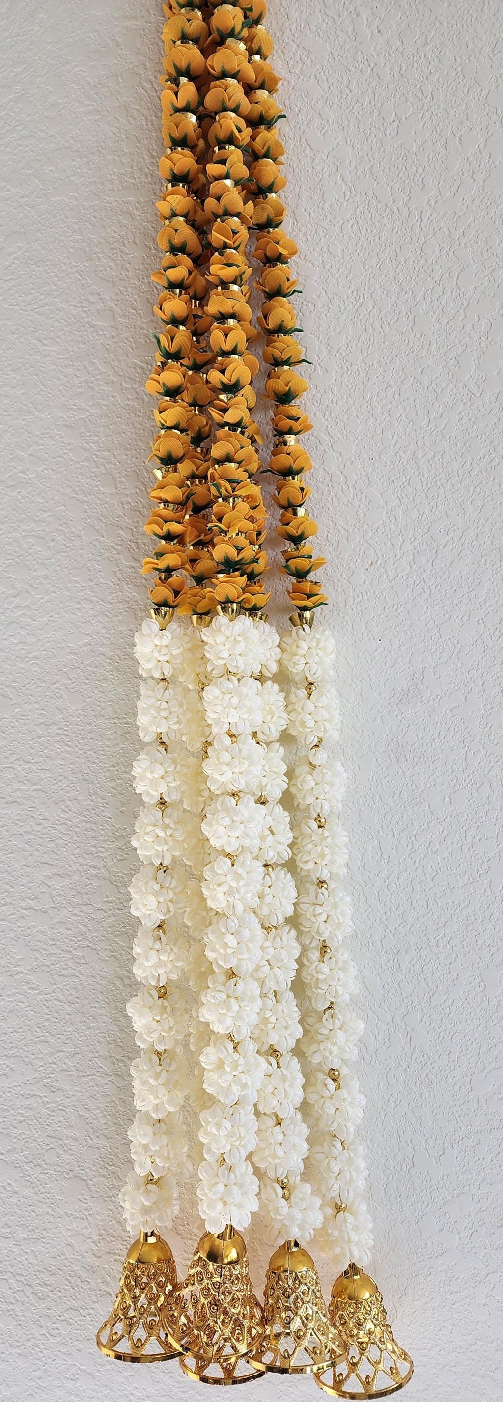 Mogra Bell Garland: White & Gold Fluffy String, Haldi Mehndi Decor (Pack of 5)