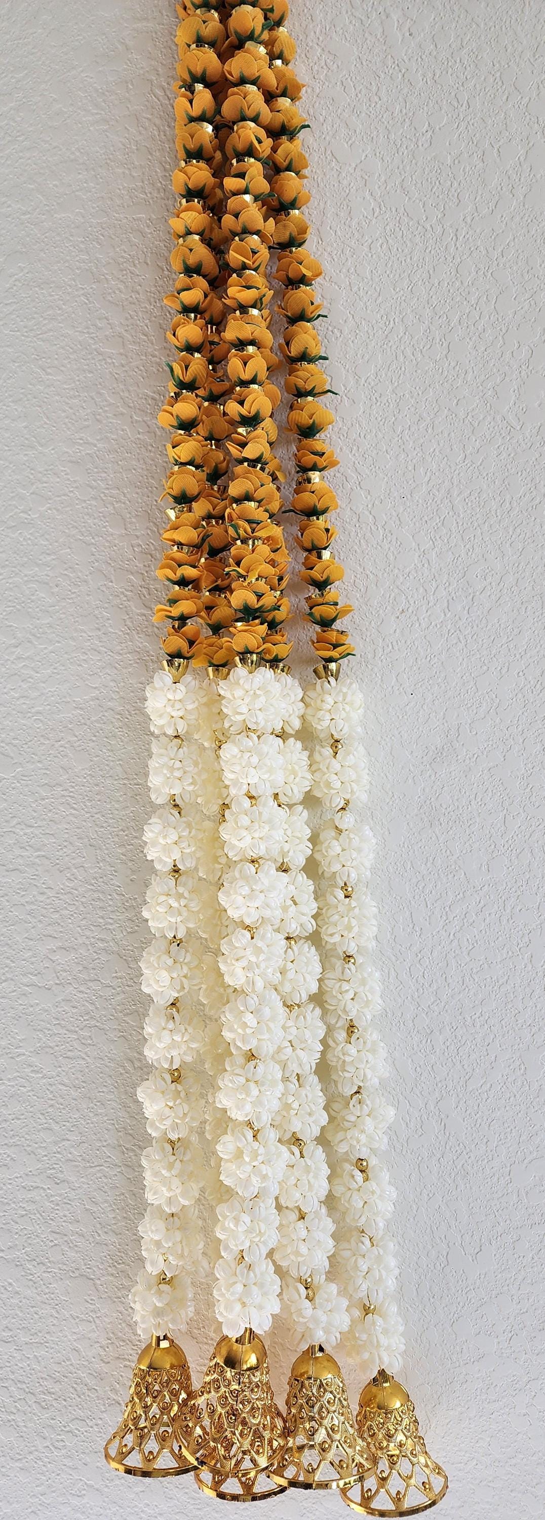 Mogra Bell Garland: White & Gold Fluffy String, Haldi Mehndi Decor (Pack of 5)