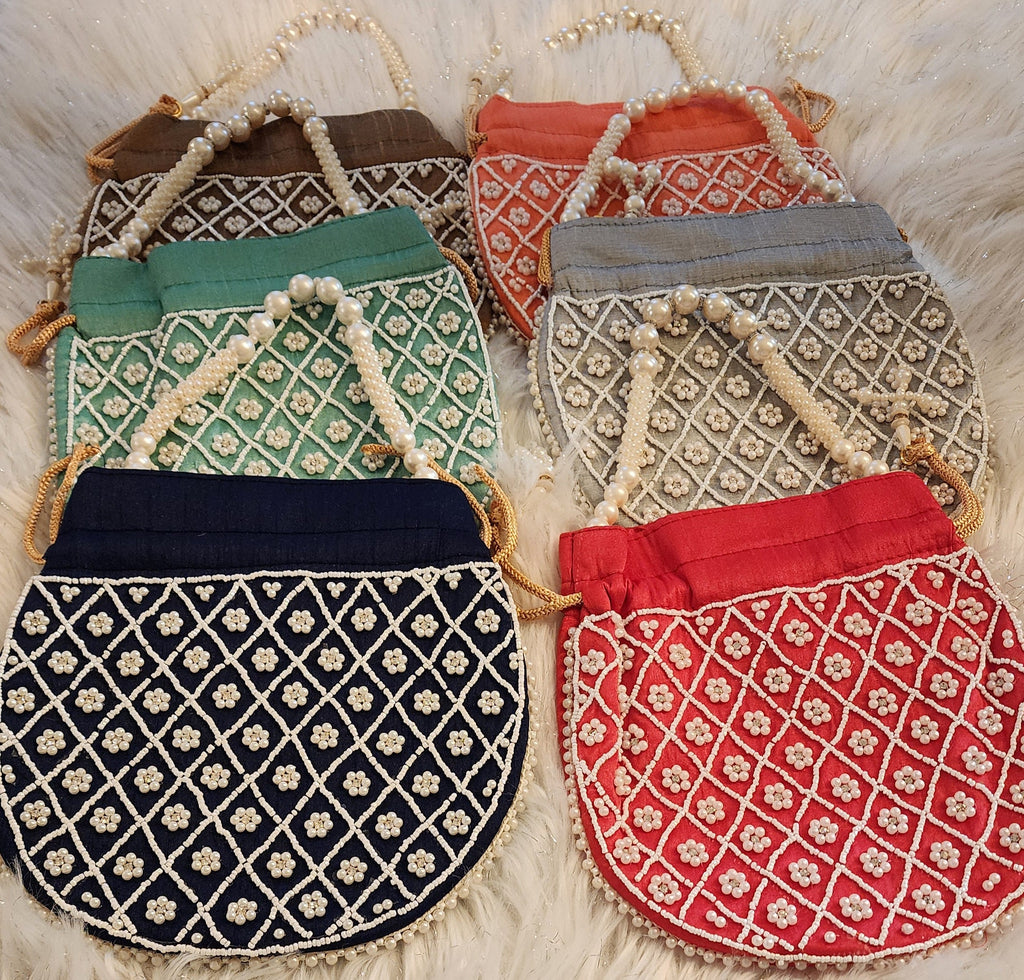 Beaded Pearl Potli Bag: Indian Wedding Clutch, Handmade Silk Purse.