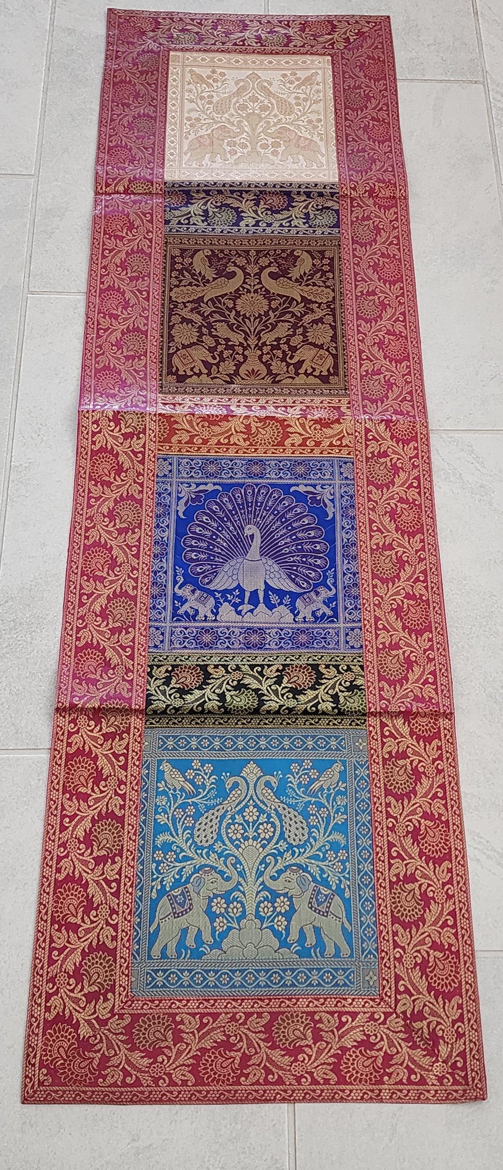 Elephant with peacock Print Silk Brocade Table Runner: Indian Decor (16X60 Inch)