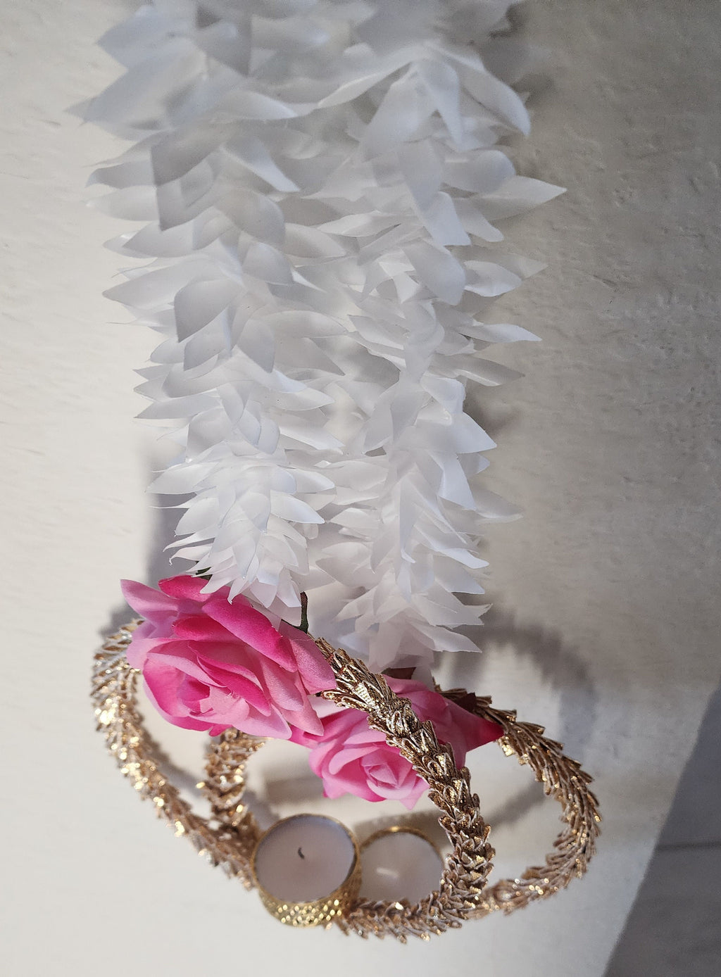 Handmade Pink Rose Garland with Golden Ring: Indian Wedding Diwali Decor.