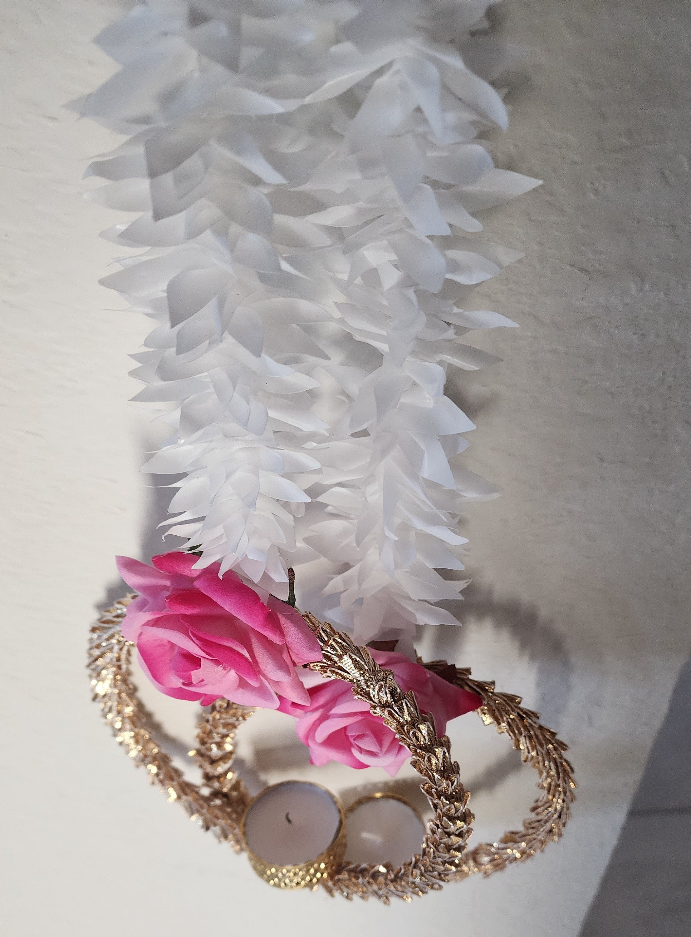 Handmade Pink Rose Garland with Golden Ring: Indian Wedding Diwali Decor.