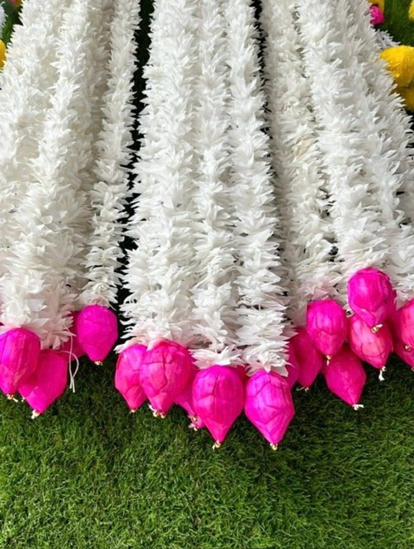 Lotus Handmade Bud Garland: Pink & White Indian Wedding Decor (40/45 inch.)