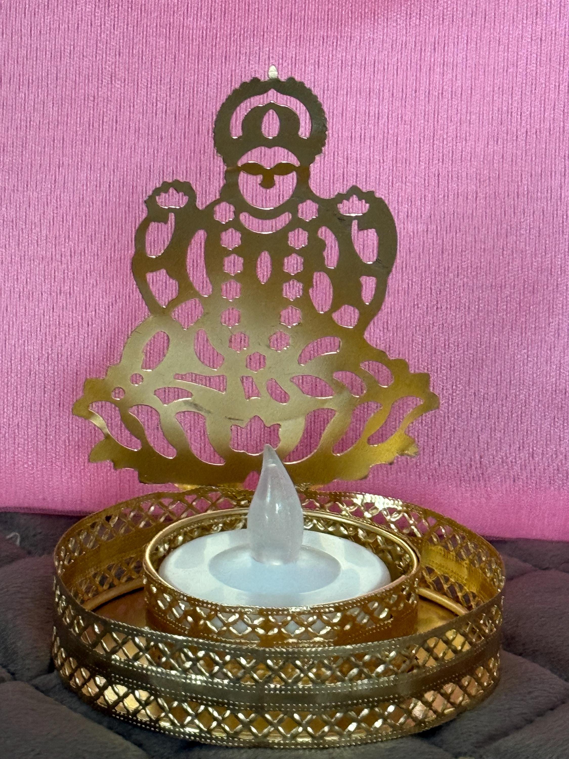 Gold Metal Shadow Diya Set: Ganesh & Lakshmi Indian Candle Holders