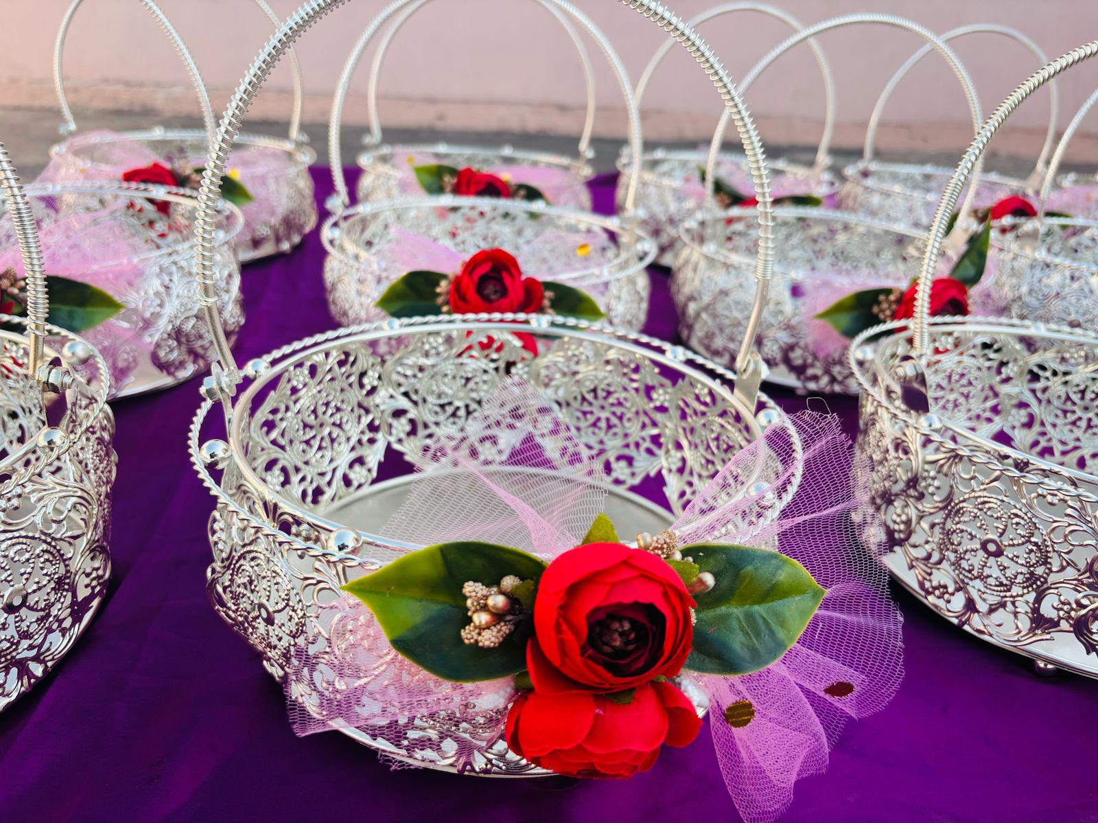 Handmade Flower Decor German Silver Tray with Handle - 8 Inch Pooja Thali