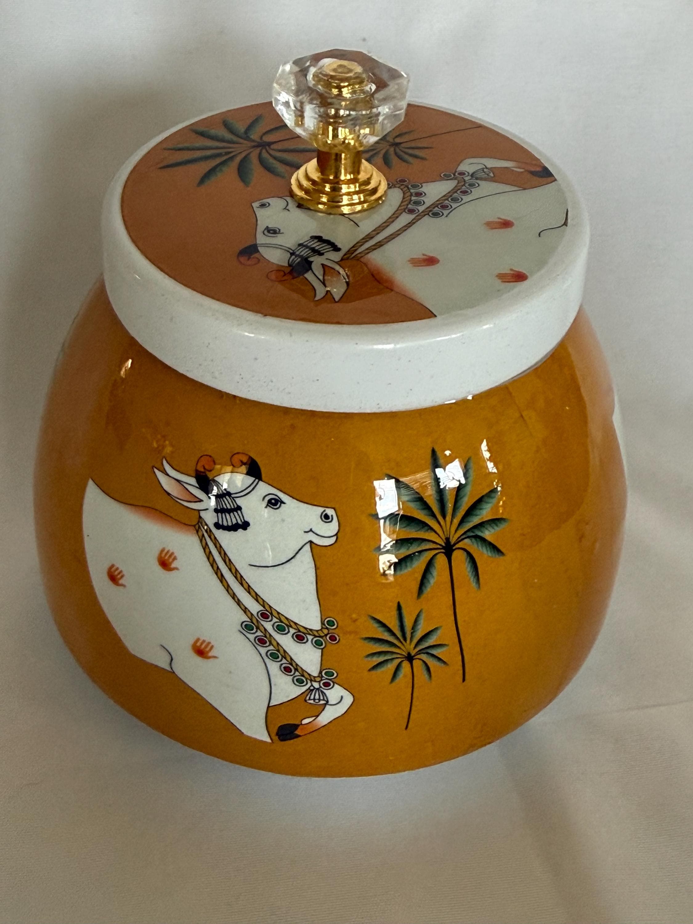 Pichwai Art Jar: Nandi Cow & Peacock Design, Copper Home Decor.