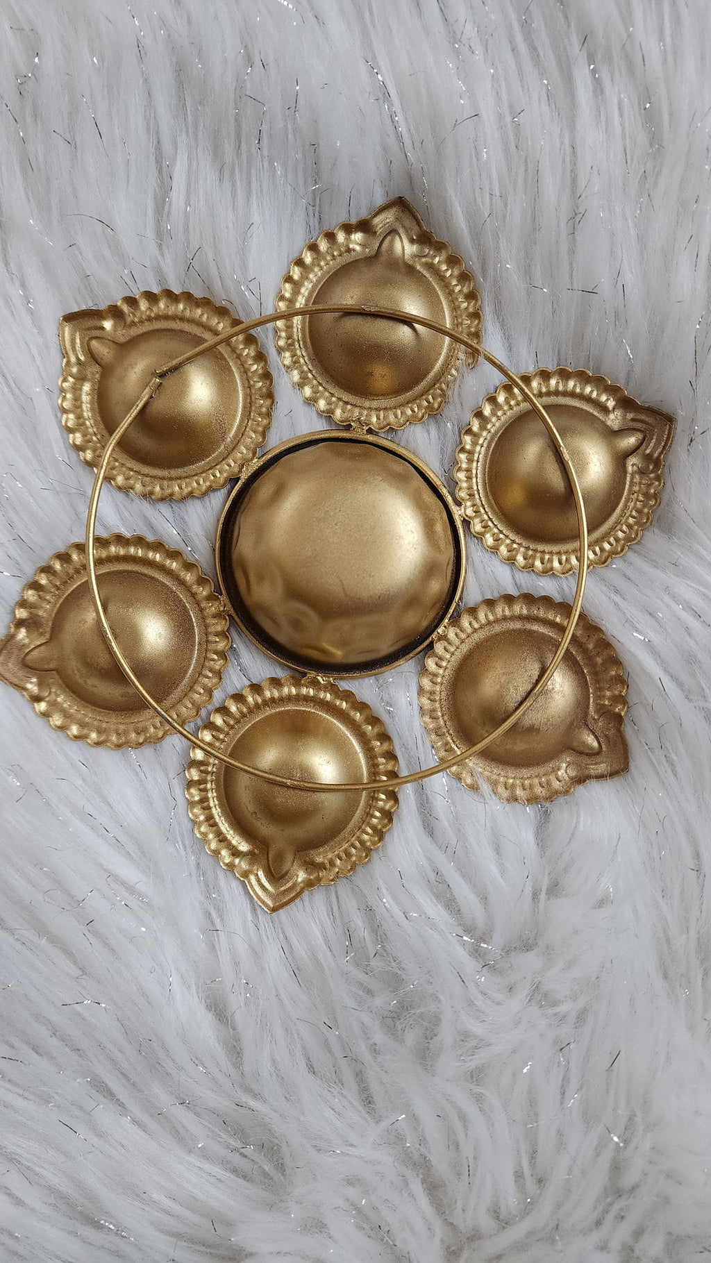 Metal Urli with 7 Diyas and Embroidered Potli Bag: Diwali Decor, 7-inch