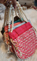 Beaded Pearl Potli Bag: Indian Wedding Clutch, Handmade Silk Purse.