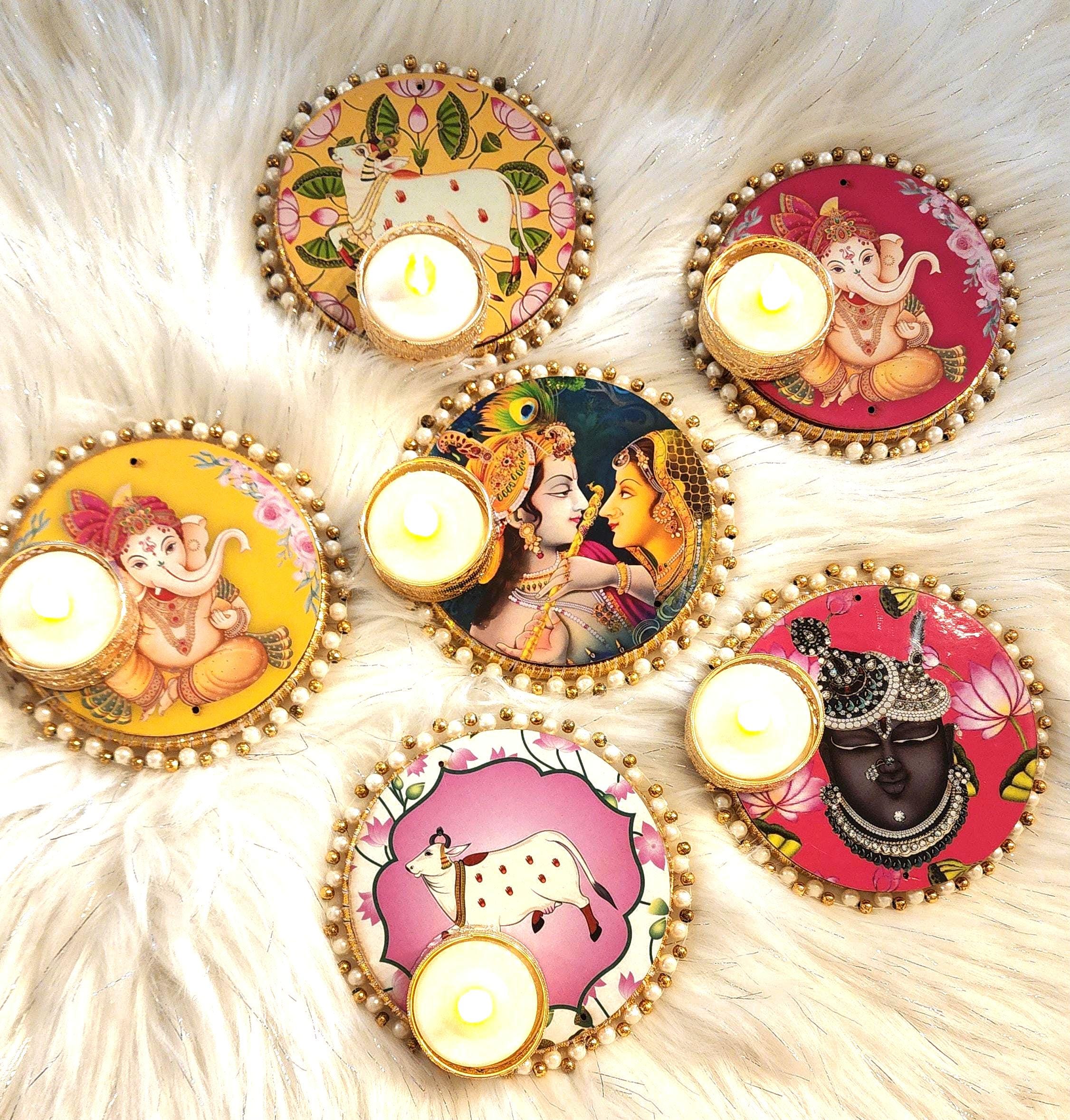 Handcrafted Ganesh, Krishna, Cow Tea Light Holder: Diwali Decor