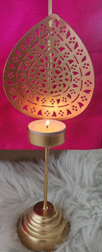 Handmade Metallic Urli Diya with Stand: Lotus/Om Diwali Decor - 10 inch
