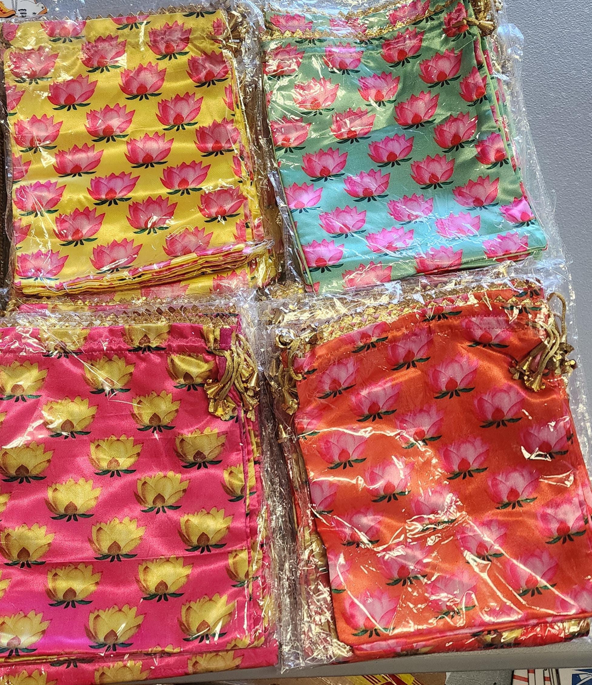 Lotus Cow Pichwai Print Silk Potli Bags: Wedding Favor Gifts