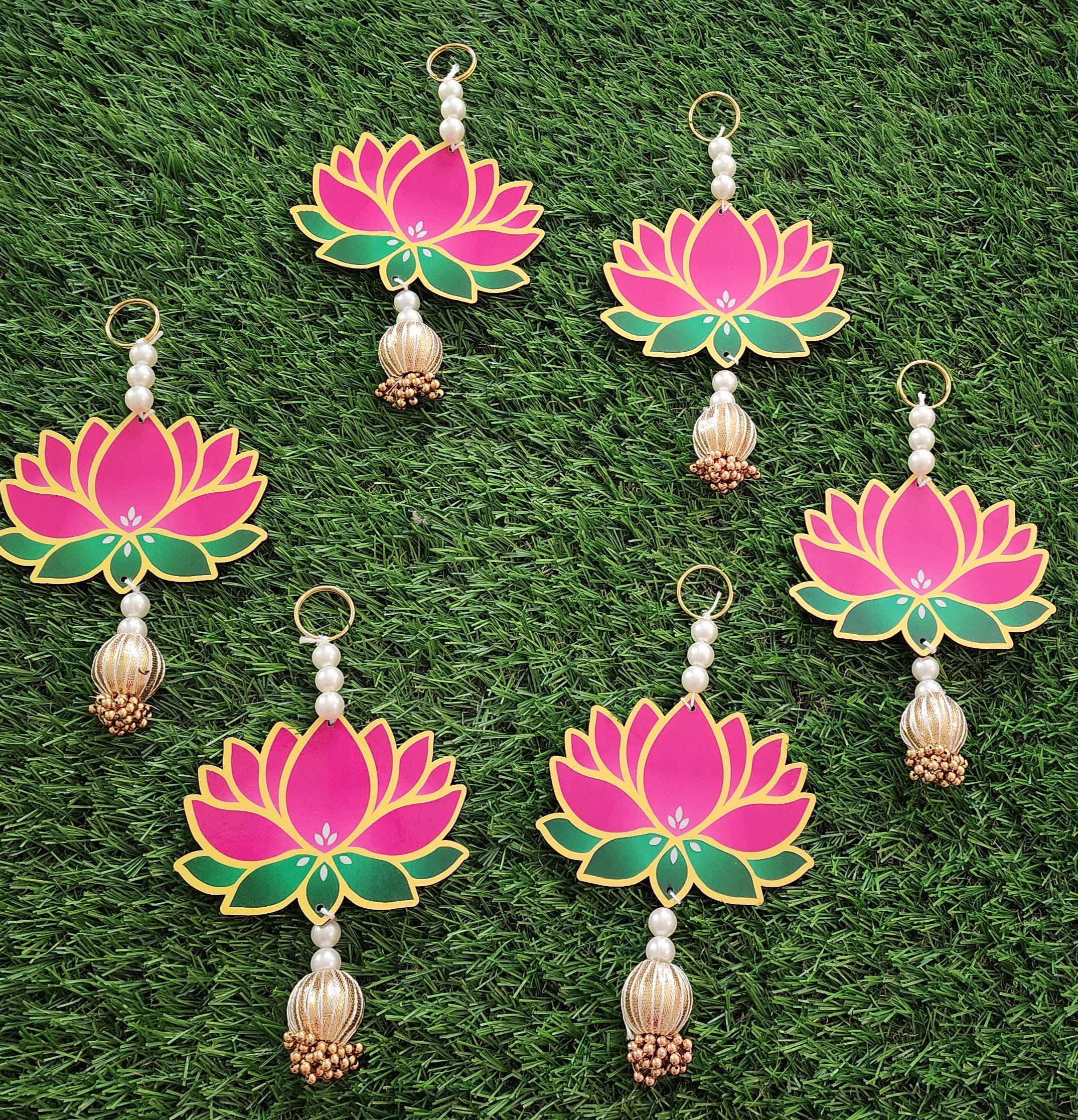 Lotus Hanging Pair: Pink Handmade Mandir Diwali Decoration - 5 inch.