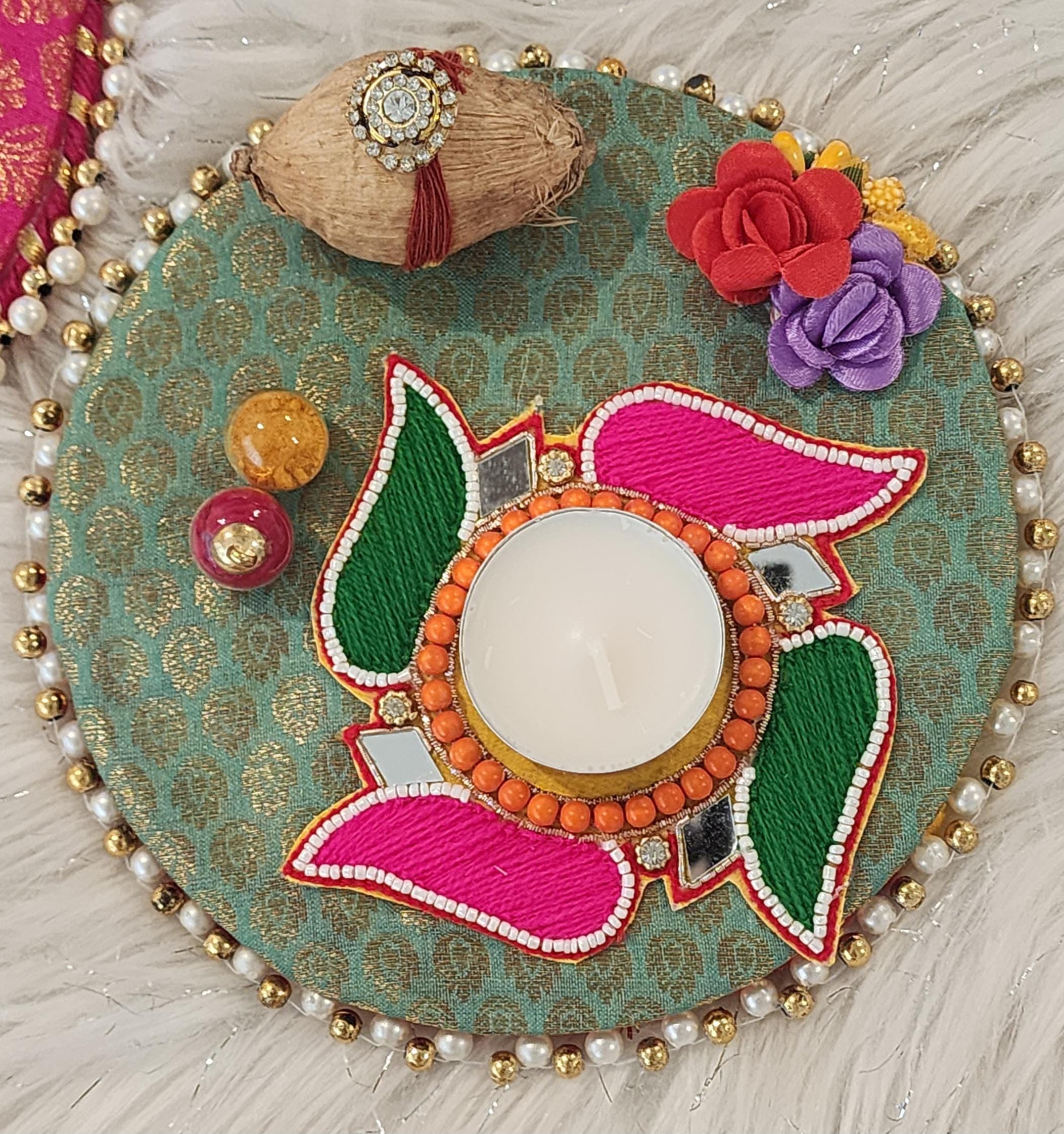 Handcrafted Haldi Kumkum Plate: Return Gift Favor, Mehndi Decor (6x6 inch)