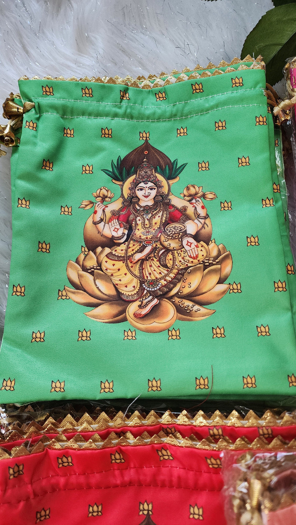 Lakshmi Print Silk Potli Bags - Hindu Wedding Favor Bags.